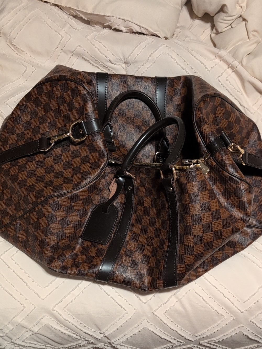 Louis Vuitton Brown Checkered Travel Carryall with Black Trim